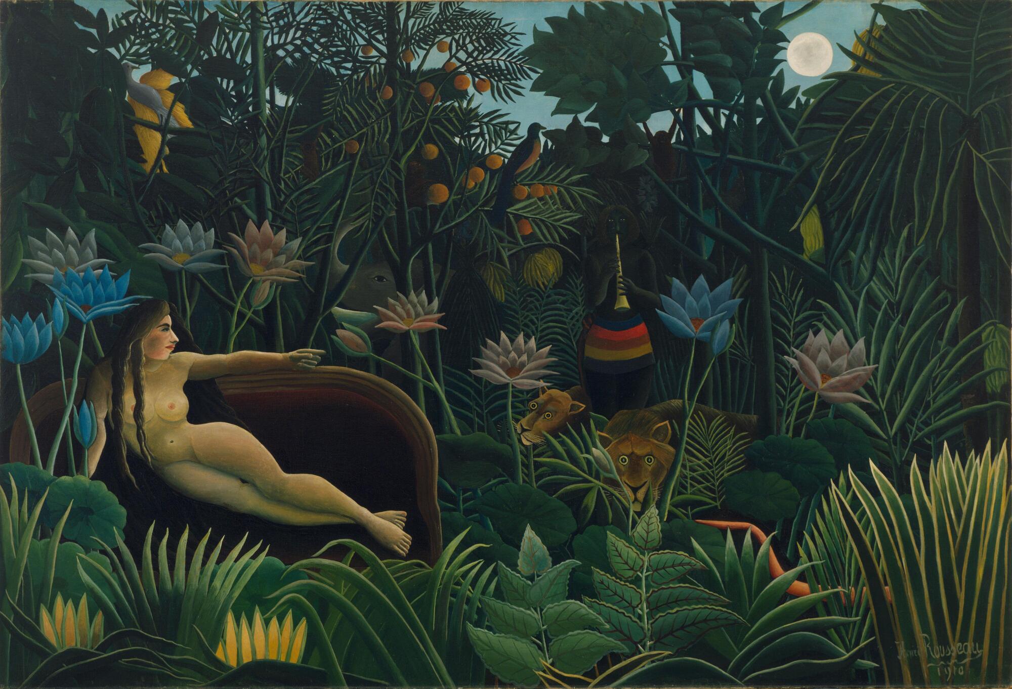 Henri Rousseau The Dream 1910 reclining nude on a red sofa in a jungle