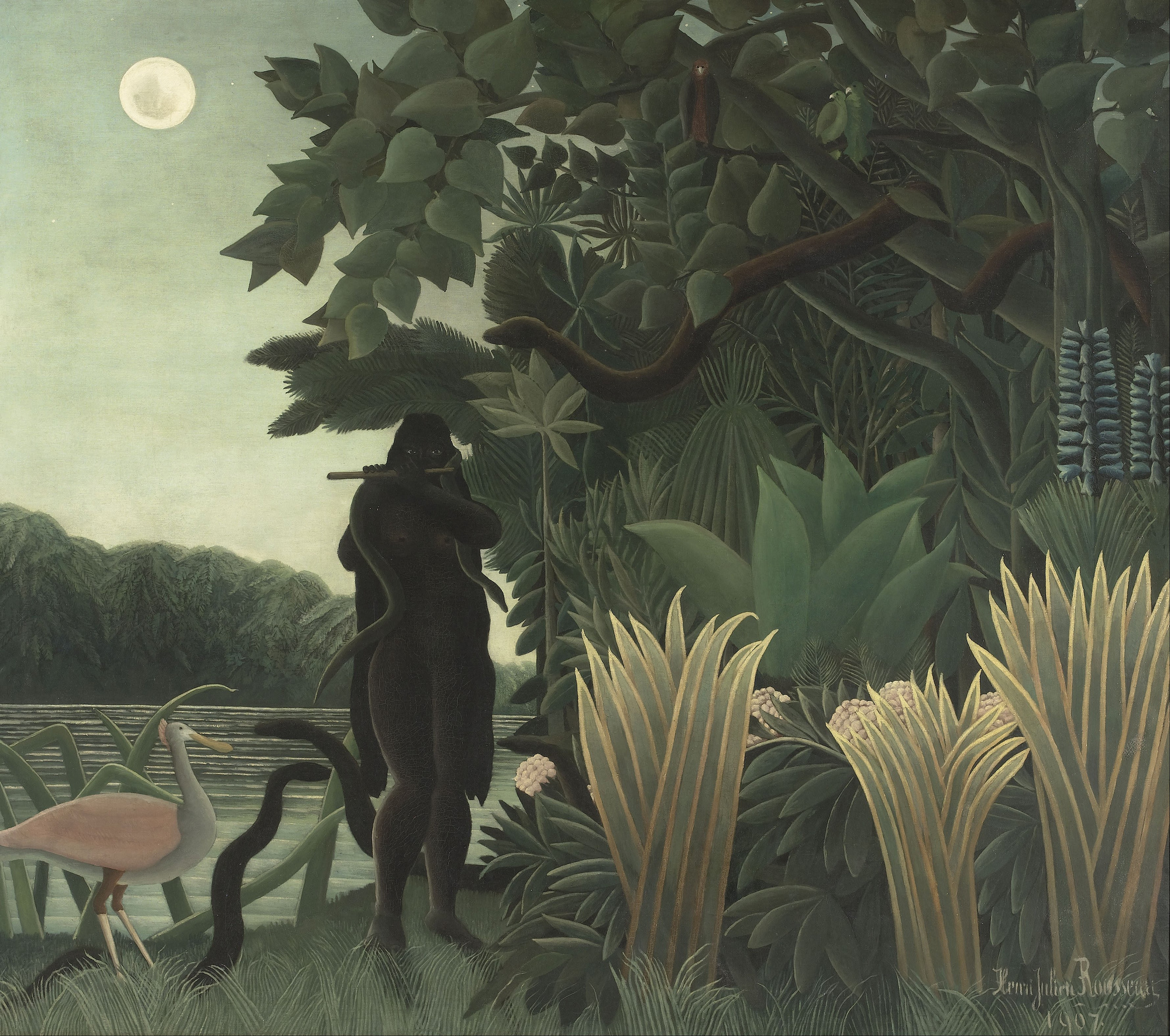 Henri Rousseau The Snake Charmer 1907 nude figure playing flute by a moonlit river