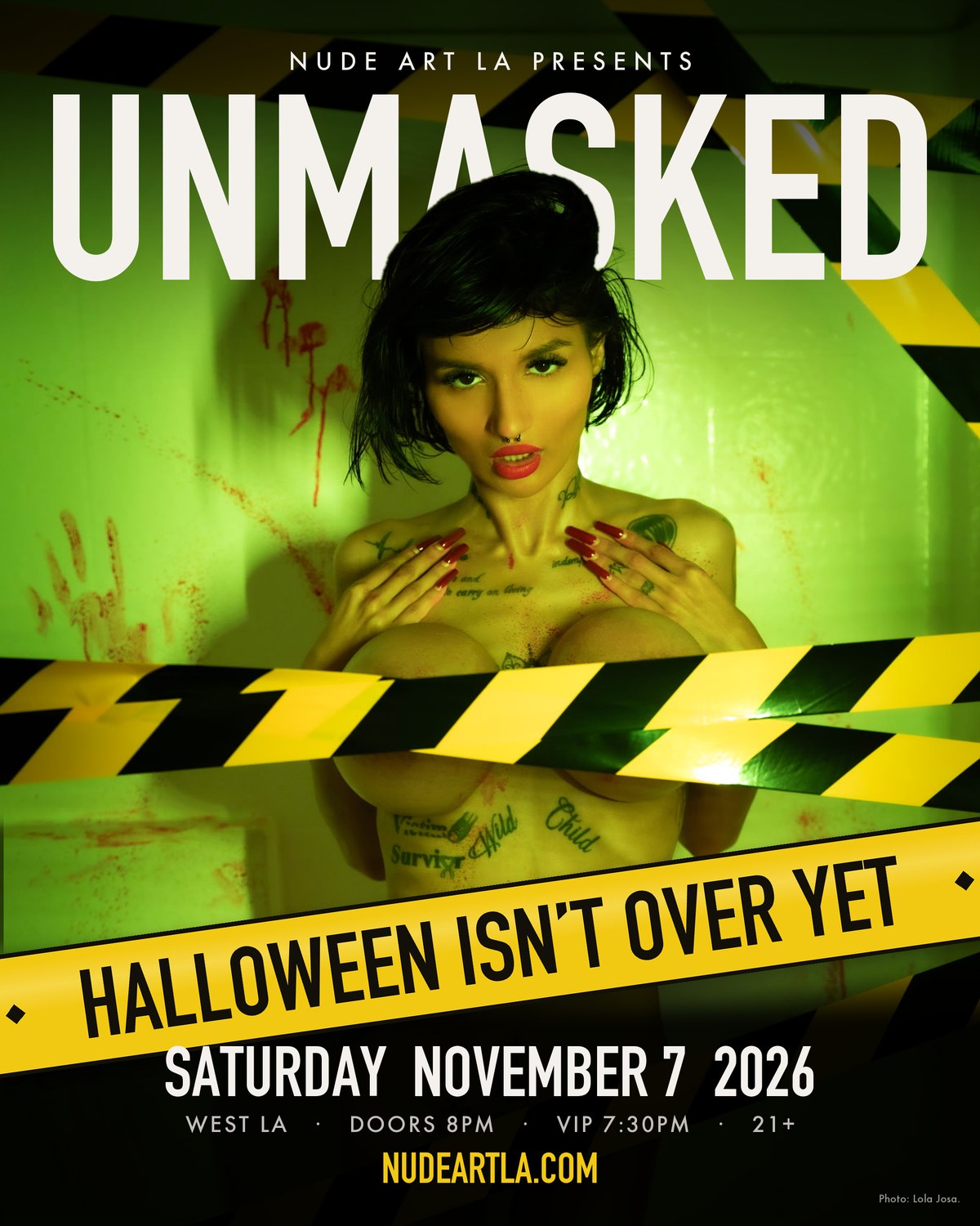 UNMASKED poster: Nude Art LA presents UNMASKED, Saturday November 7 2026, West LA. Photo: Lola Josa.