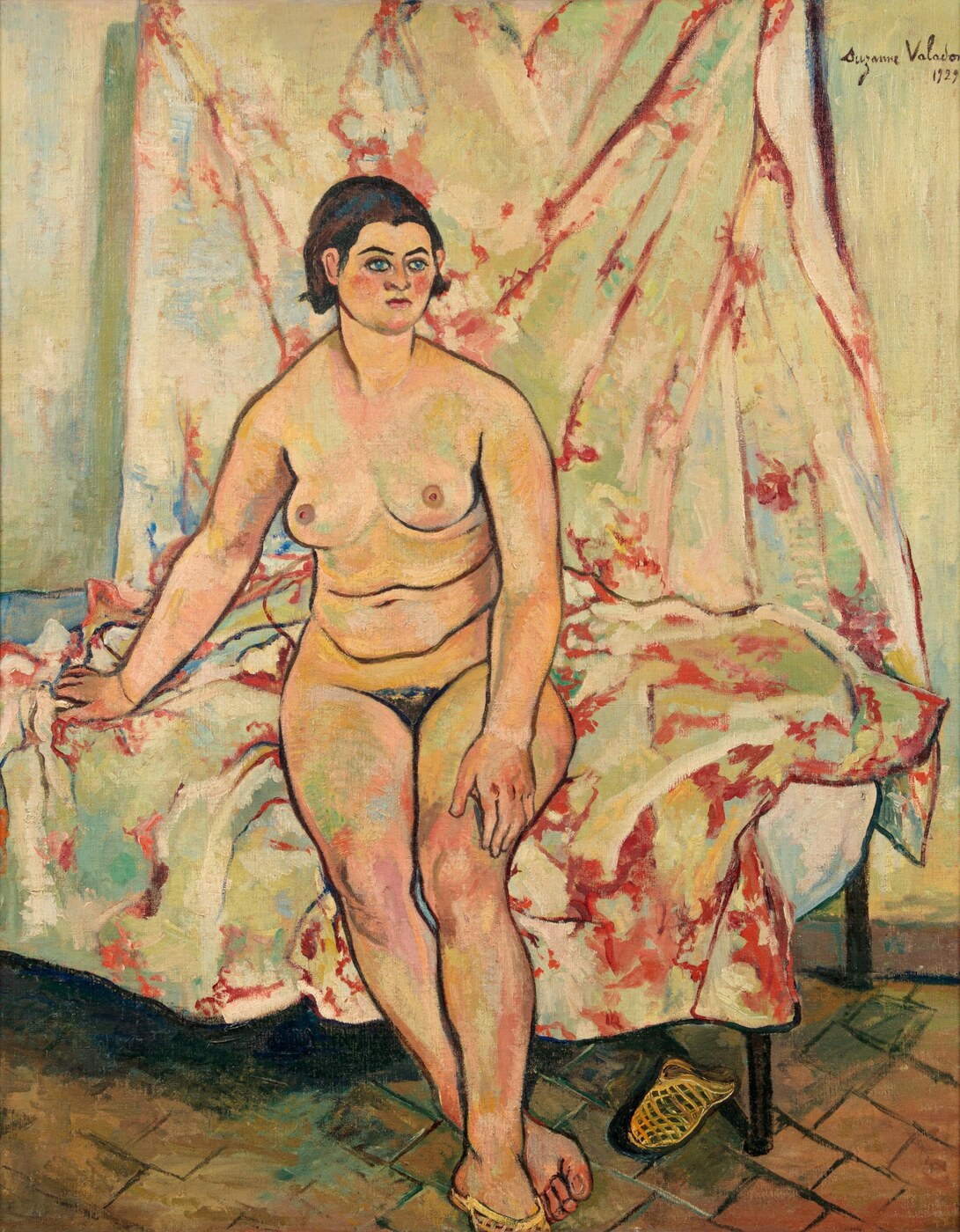 Suzanne Valadon, Nude Sitting on the Edge of a Bed, 1929. A reclining female nude painted by a woman artist, shown as a public-domain illustration.