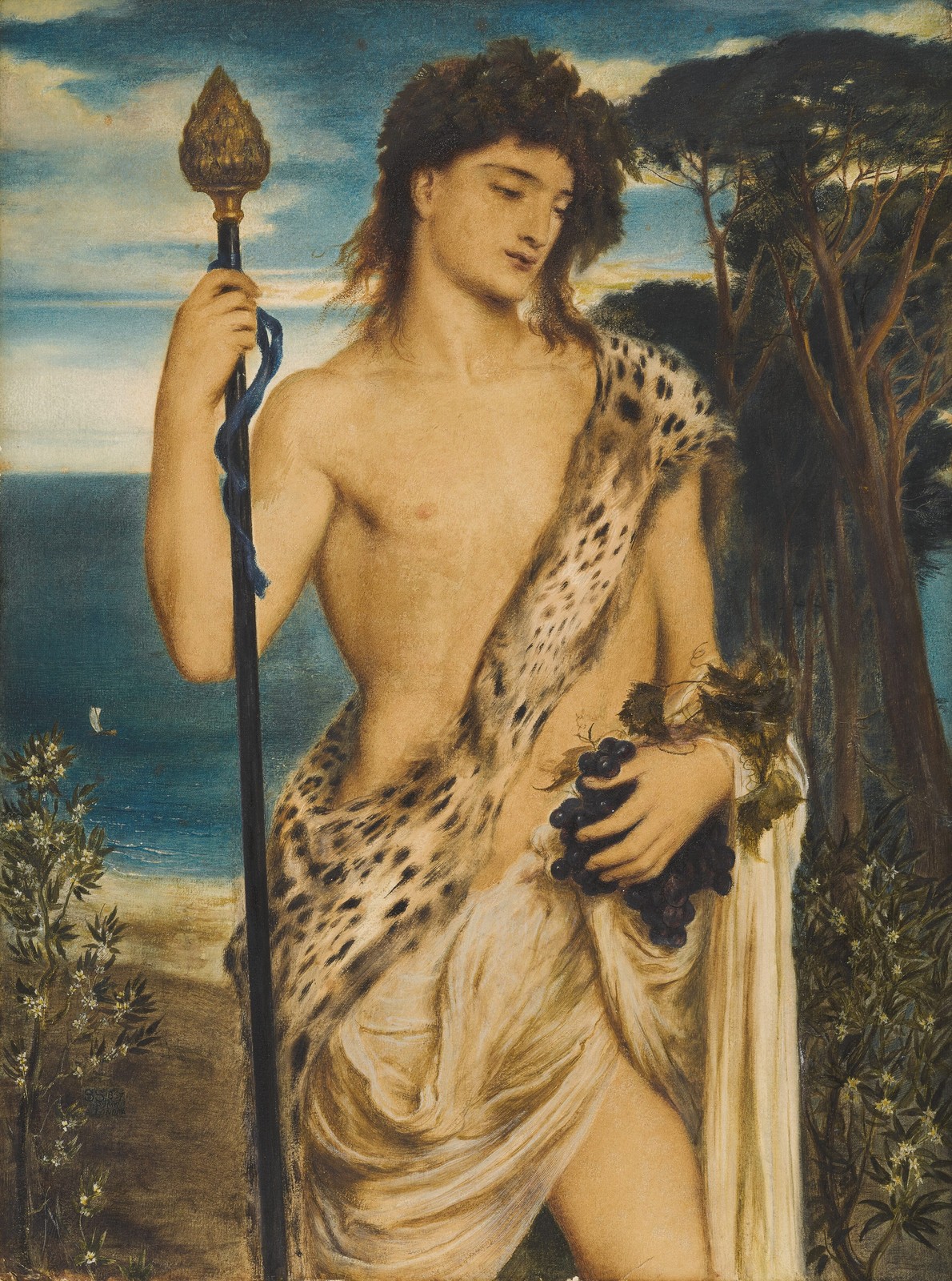 Simeon Solomon, Bacchus, 1867. An androgynous youth, the wine god, painted with soft features and rounded shoulders.