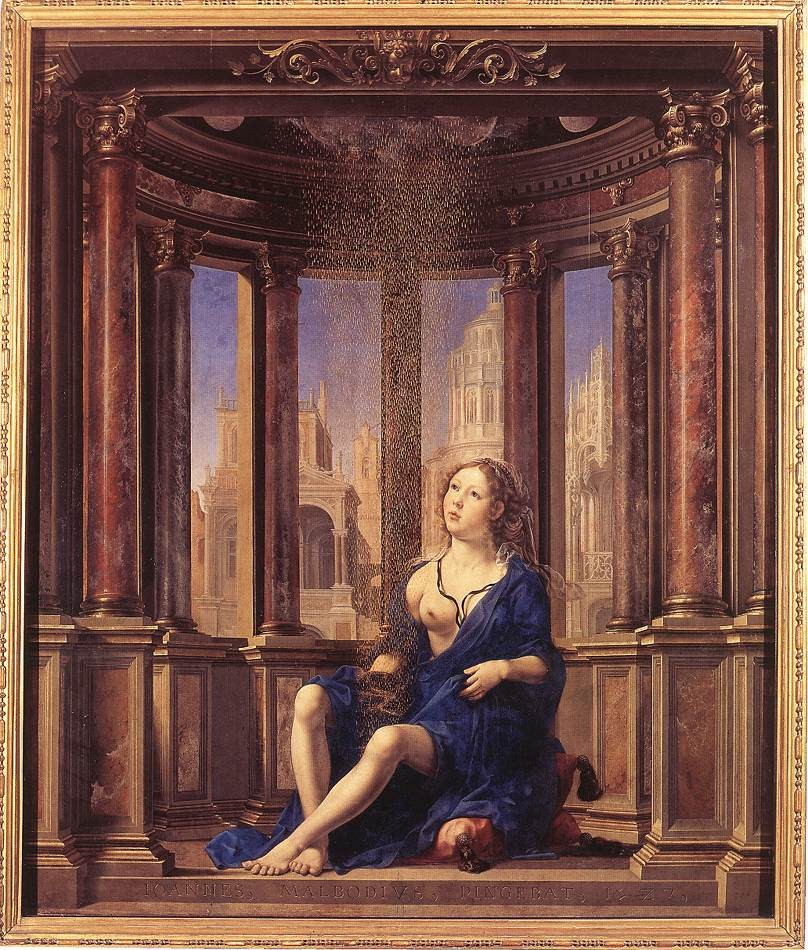 Jan Gossaert, Danae, 1527, a seated nude receiving Jupiter's golden shower