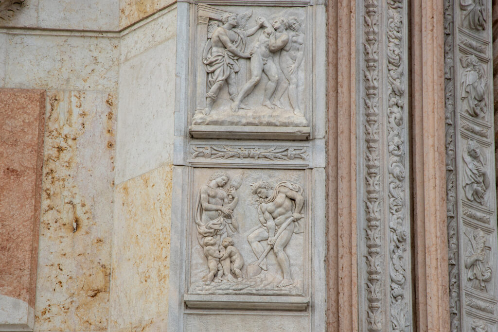 Jacopo della Quercia, Genesis relief, Creation and Fall of Adam and Eve, 1426-34, San Petronio, Bologna